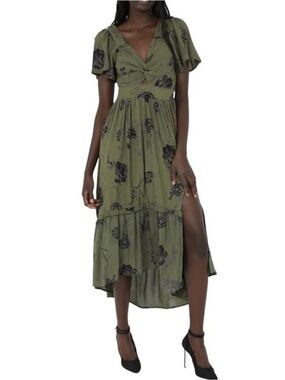Angie Olive MIDI Dress with Black Floral Print